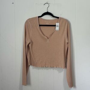 American Eagle Tan Waffle Knit V-Neck Cropped Long Sleeve Top XL New